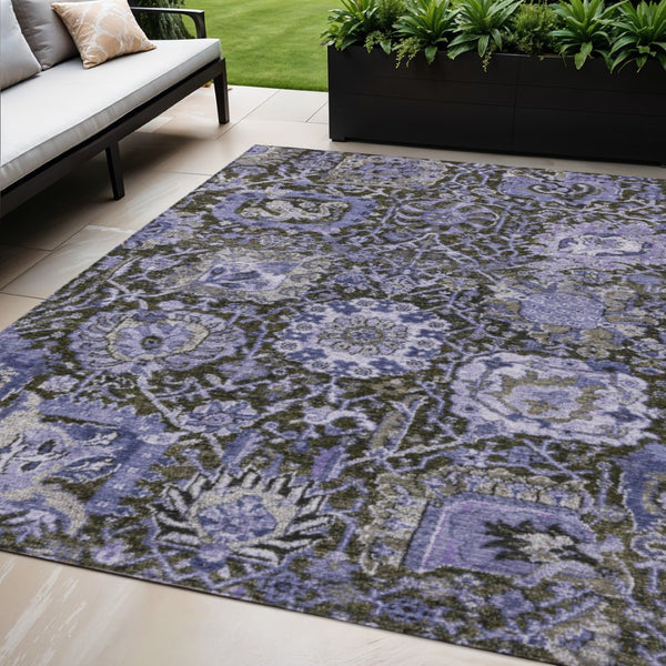 HomeRoots 5' Bold Purple and Black Damask Area Rug - Stylish, Washable, Durable for Indoor and Outdoor Spaces 5' X 8' 609101