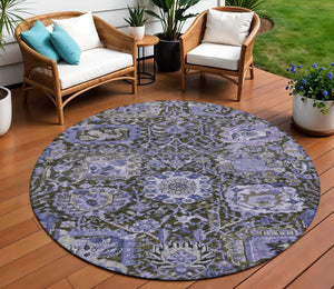 HomeRoots 5' Bold Purple and Black Damask Area Rug - Stylish, Washable, Durable for Indoor and Outdoor Spaces 8' Round 609102