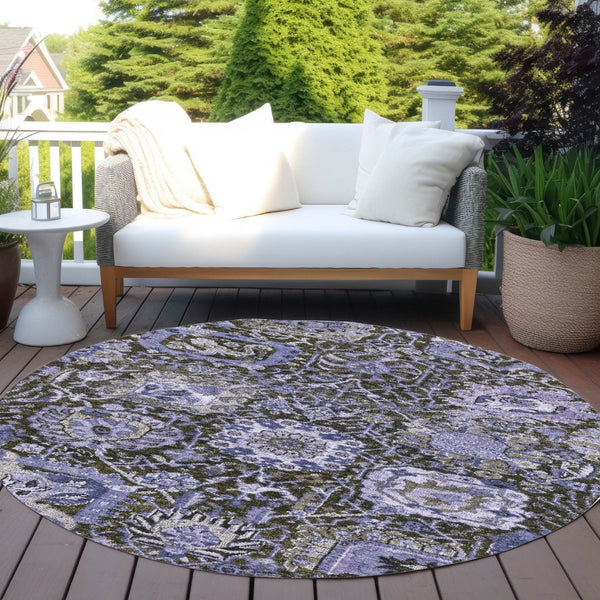 HomeRoots 5' Bold Purple and Black Damask Area Rug - Stylish, Washable, Durable for Indoor and Outdoor Spaces 8' Round 609102
