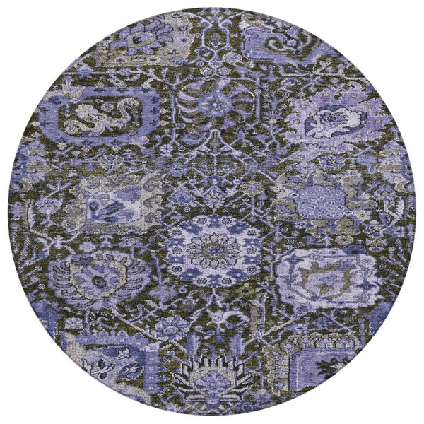 HomeRoots 5' Bold Purple and Black Damask Area Rug - Stylish, Washable, Durable for Indoor and Outdoor Spaces 8' Round 609102