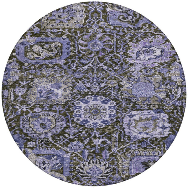 HomeRoots 5' Bold Purple and Black Damask Area Rug - Stylish, Washable, Durable for Indoor and Outdoor Spaces 8' Round 609102