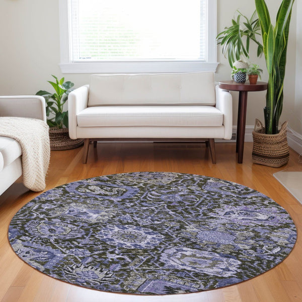 HomeRoots 5' Bold Purple and Black Damask Area Rug - Stylish, Washable, Durable for Indoor and Outdoor Spaces 8' Round 609102