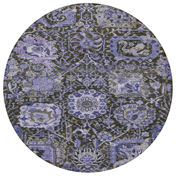 HomeRoots 5' Bold Purple and Black Damask Area Rug - Stylish, Washable, Durable for Indoor and Outdoor Spaces 8' Round 609102
