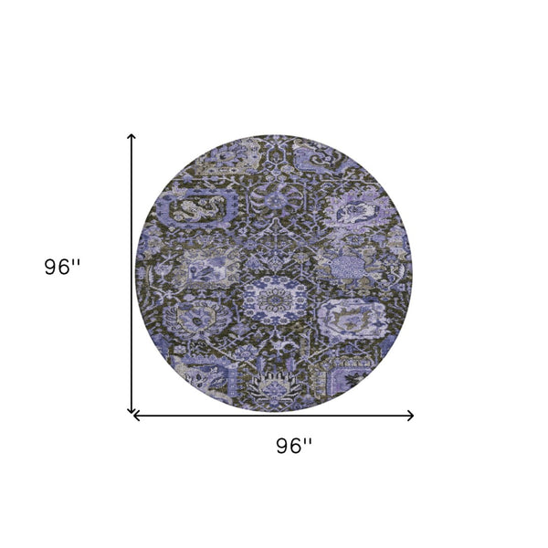 HomeRoots 5' Bold Purple and Black Damask Area Rug - Stylish, Washable, Durable for Indoor and Outdoor Spaces 8' Round 609102
