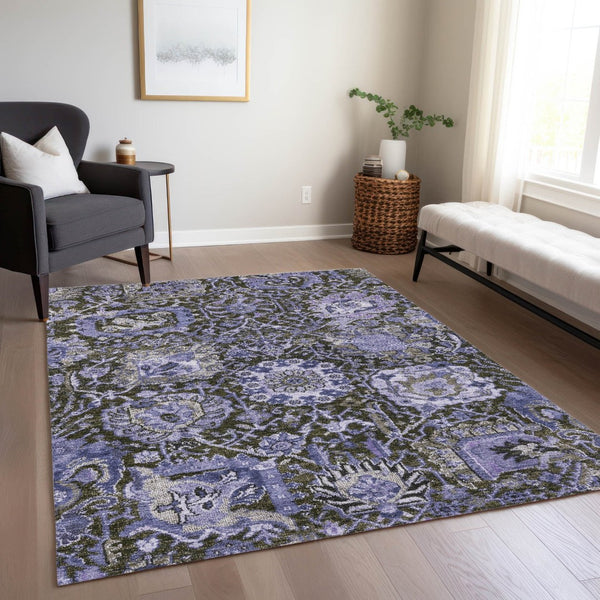 HomeRoots 5' Bold Purple and Black Damask Area Rug - Stylish, Washable, Durable for Indoor and Outdoor Spaces 9' X 12' 609104