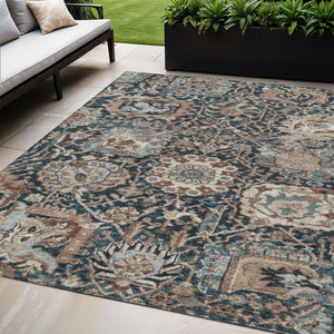 HomeRoots 5' Stylish Geometric Taupe Blue Beige Area Rug – Washable, Durable for Indoor & Outdoor Spaces 5' X 8' 609113