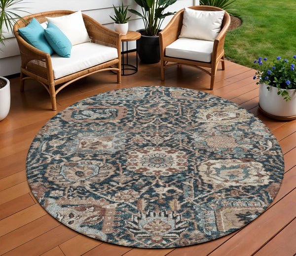 HomeRoots 5' Stylish Geometric Taupe Blue Beige Area Rug – Washable, Durable for Indoor & Outdoor Spaces 8' Round 609114