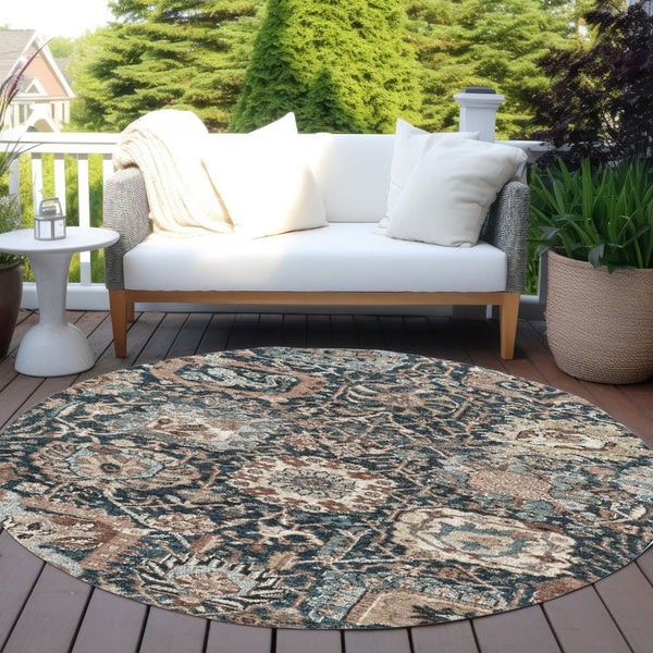 HomeRoots 5' Stylish Geometric Taupe Blue Beige Area Rug – Washable, Durable for Indoor & Outdoor Spaces 8' Round 609114
