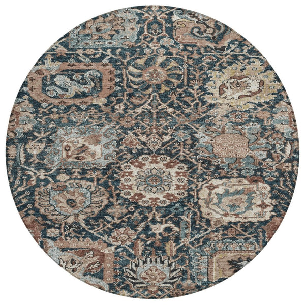 HomeRoots 5' Stylish Geometric Taupe Blue Beige Area Rug – Washable, Durable for Indoor & Outdoor Spaces 8' Round 609114