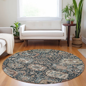 HomeRoots 5' Stylish Geometric Taupe Blue Beige Area Rug – Washable, Durable for Indoor & Outdoor Spaces 8' Round 609114