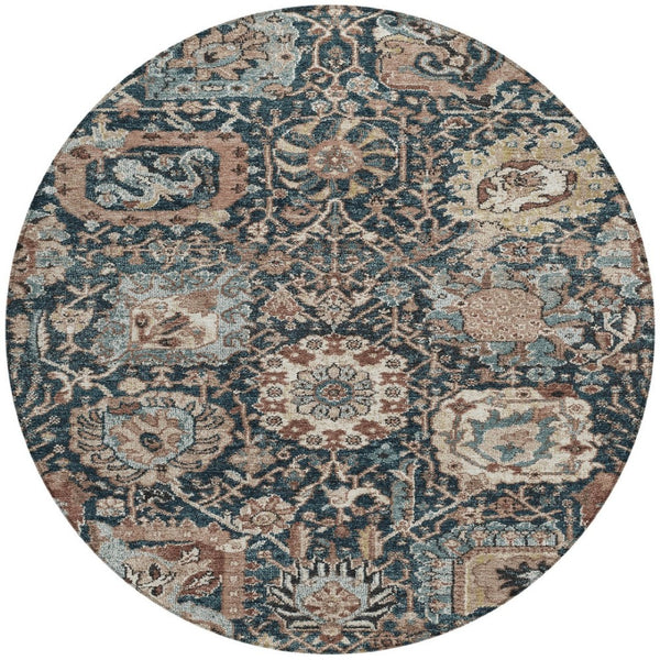 HomeRoots 5' Stylish Geometric Taupe Blue Beige Area Rug – Washable, Durable for Indoor & Outdoor Spaces 8' Round 609114