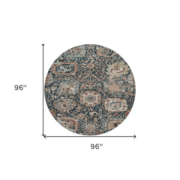 HomeRoots 5' Stylish Geometric Taupe Blue Beige Area Rug – Washable, Durable for Indoor & Outdoor Spaces 8' Round 609114