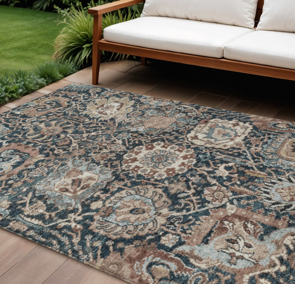 HomeRoots 5' Stylish Geometric Taupe Blue Beige Area Rug – Washable, Durable for Indoor & Outdoor Spaces 10' X 14' 609117