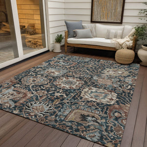 HomeRoots 5' Stylish Geometric Taupe Blue Beige Area Rug – Washable, Durable for Indoor & Outdoor Spaces 10' X 14' 609117