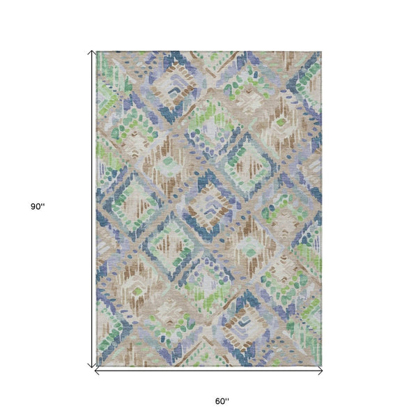 HomeRoots 5' Geometric Beige, Blue, and Green Area Rug - Stylish, Washable Indoor/Outdoor Design for Any Space 5' X 8' 609119