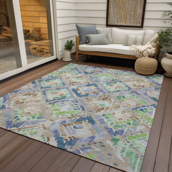 HomeRoots 5' Geometric Beige, Blue, and Green Area Rug - Stylish, Washable Indoor/Outdoor Design for Any Space 5' X 8' 609119