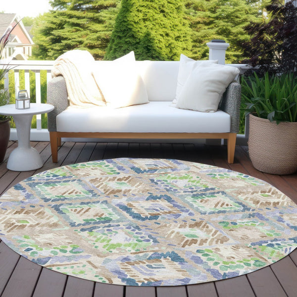 HomeRoots 5' Geometric Beige, Blue, and Green Area Rug - Stylish, Washable Indoor/Outdoor Design for Any Space 8' Round 609120