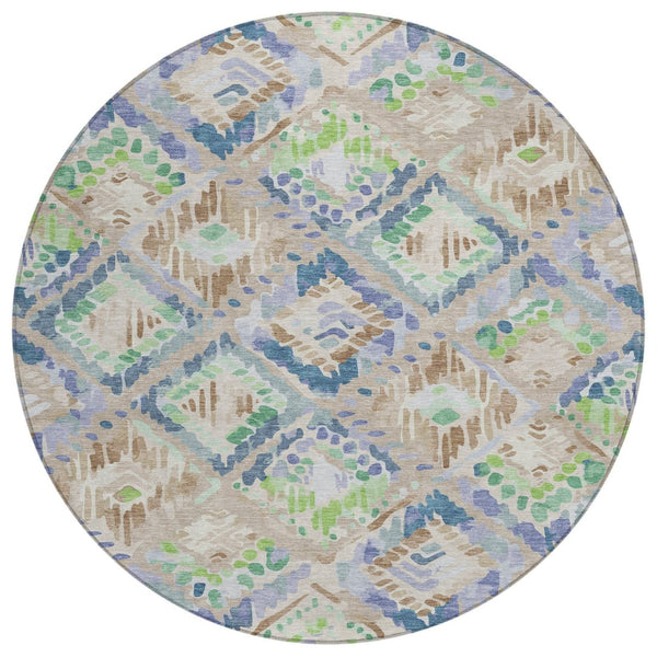 HomeRoots 5' Geometric Beige, Blue, and Green Area Rug - Stylish, Washable Indoor/Outdoor Design for Any Space 8' Round 609120