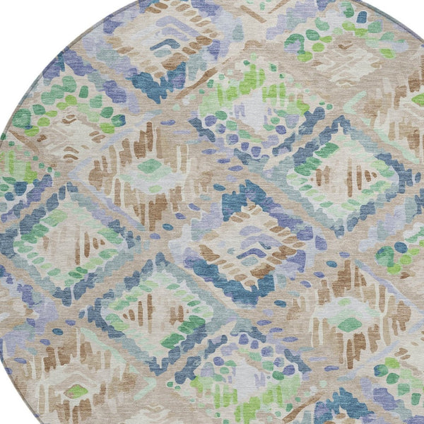 HomeRoots 5' Geometric Beige, Blue, and Green Area Rug - Stylish, Washable Indoor/Outdoor Design for Any Space 8' Round 609120