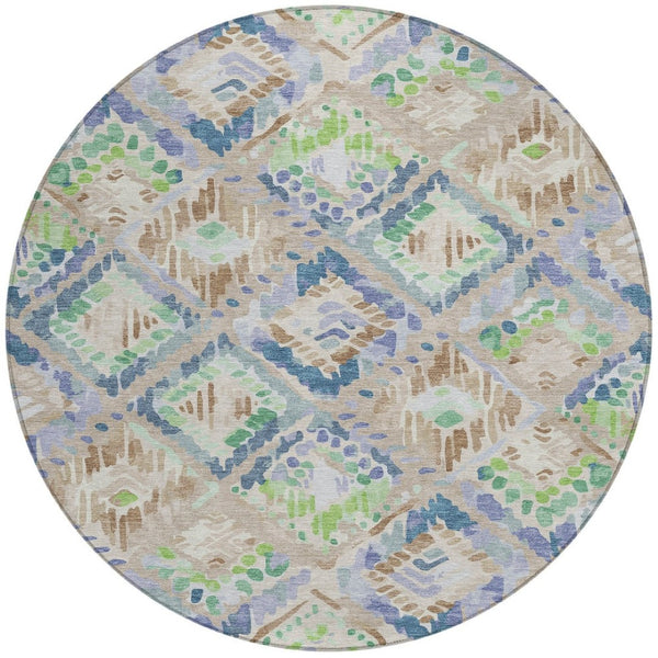 HomeRoots 5' Geometric Beige, Blue, and Green Area Rug - Stylish, Washable Indoor/Outdoor Design for Any Space 8' Round 609120