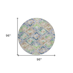 HomeRoots 5' Geometric Beige, Blue, and Green Area Rug - Stylish, Washable Indoor/Outdoor Design for Any Space 8' Round 609120