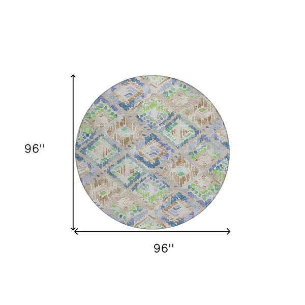 HomeRoots 5' Geometric Beige, Blue, and Green Area Rug - Stylish, Washable Indoor/Outdoor Design for Any Space 8' Round 609120