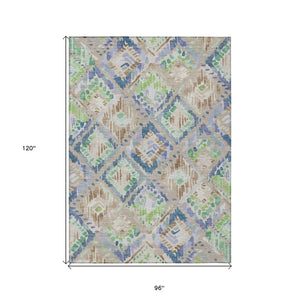 HomeRoots 5' Geometric Beige, Blue, and Green Area Rug - Stylish, Washable Indoor/Outdoor Design for Any Space 8' X 10' 609121