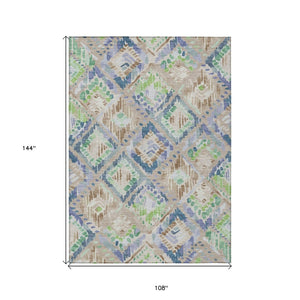 HomeRoots 5' Geometric Beige, Blue, and Green Area Rug - Stylish, Washable Indoor/Outdoor Design for Any Space 9' X 12' 609122