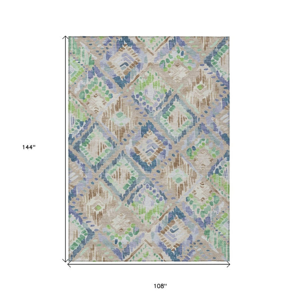 HomeRoots 5' Geometric Beige, Blue, and Green Area Rug - Stylish, Washable Indoor/Outdoor Design for Any Space 9' X 12' 609122