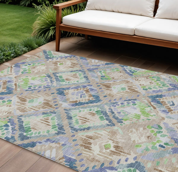 HomeRoots 5' Geometric Beige, Blue, and Green Area Rug - Stylish, Washable Indoor/Outdoor Design for Any Space 9' X 12' 609122