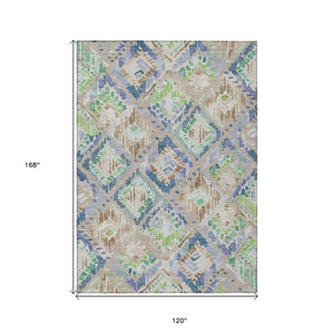 HomeRoots 5' Geometric Beige, Blue, and Green Area Rug - Stylish, Washable Indoor/Outdoor Design for Any Space 10' X 14' 609123
