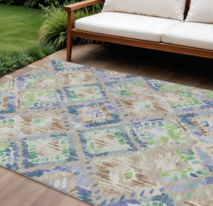 HomeRoots 5' Geometric Beige, Blue, and Green Area Rug - Stylish, Washable Indoor/Outdoor Design for Any Space 10' X 14' 609123