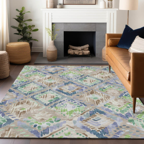 HomeRoots 5' Geometric Beige, Blue, and Green Area Rug - Stylish, Washable Indoor/Outdoor Design for Any Space 10' X 14' 609123