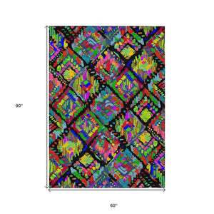 HomeRoots 5' Bold Geometric Indoor Outdoor Area Rug in Black, Yellow & Green - Durable, Washable & Stylish 5' X 8' 609125