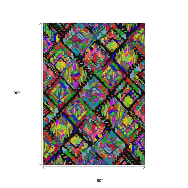 HomeRoots 5' Bold Geometric Indoor Outdoor Area Rug in Black, Yellow & Green - Durable, Washable & Stylish 5' X 8' 609125