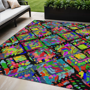 HomeRoots 5' Bold Geometric Indoor Outdoor Area Rug in Black, Yellow & Green - Durable, Washable & Stylish 5' X 8' 609125