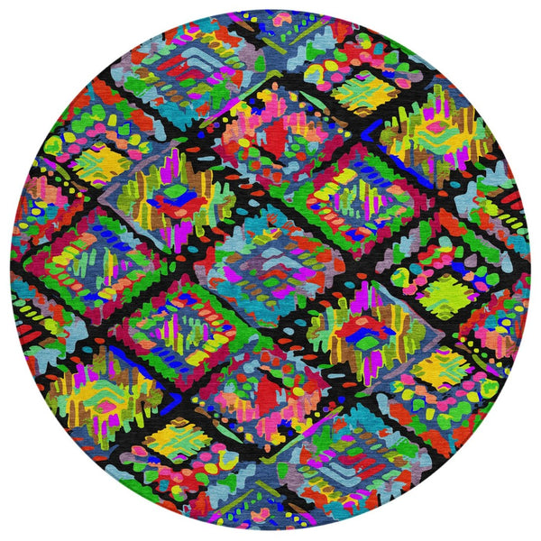 HomeRoots 5' Bold Geometric Indoor Outdoor Area Rug in Black, Yellow & Green - Durable, Washable & Stylish 8' Round 609126