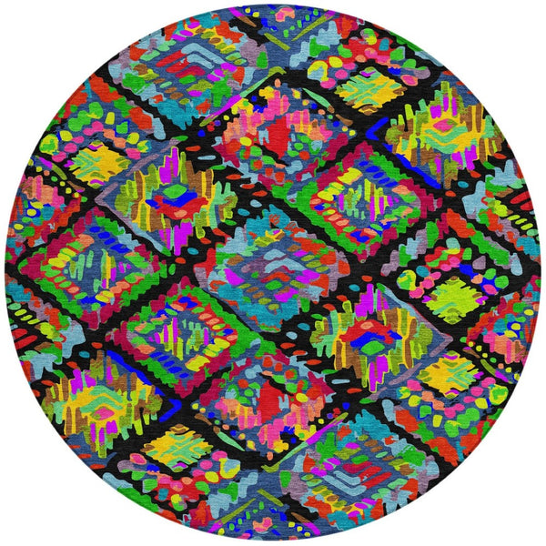 HomeRoots 5' Bold Geometric Indoor Outdoor Area Rug in Black, Yellow & Green - Durable, Washable & Stylish 8' Round 609126