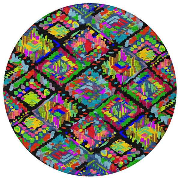 HomeRoots 5' Bold Geometric Indoor Outdoor Area Rug in Black, Yellow & Green - Durable, Washable & Stylish 8' Round 609126
