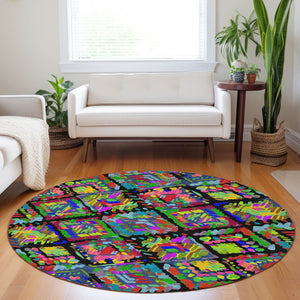 HomeRoots 5' Bold Geometric Indoor Outdoor Area Rug in Black, Yellow & Green - Durable, Washable & Stylish 8' Round 609126