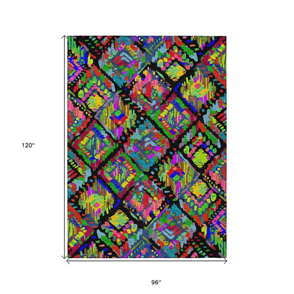 HomeRoots 5' Bold Geometric Indoor Outdoor Area Rug in Black, Yellow & Green - Durable, Washable & Stylish 8' X 10' 609127