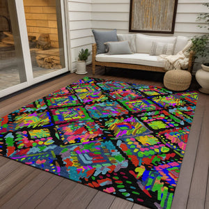 HomeRoots 5' Bold Geometric Indoor Outdoor Area Rug in Black, Yellow & Green - Durable, Washable & Stylish 10' X 14' 609129