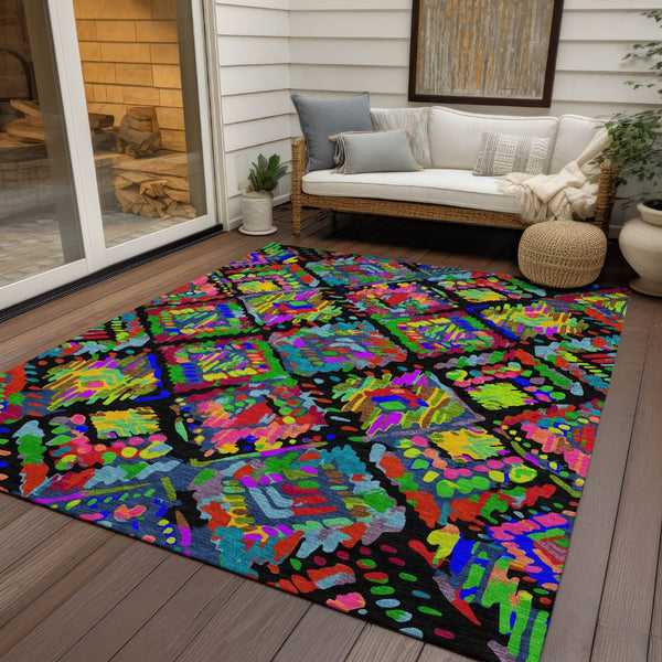HomeRoots 5' Bold Geometric Indoor Outdoor Area Rug in Black, Yellow & Green - Durable, Washable & Stylish 10' X 14' 609129