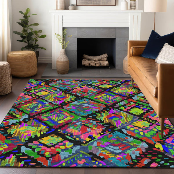 HomeRoots 5' Bold Geometric Indoor Outdoor Area Rug in Black, Yellow & Green - Durable, Washable & Stylish 10' X 14' 609129