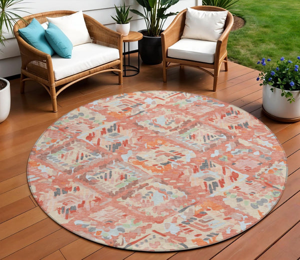 HomeRoots 5' Coral and Orange Geometric Area Rug - Stylish, Washable, Stain-Resistant Design for Indoor/Outdoor Use 8' Round 609132