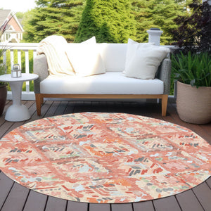 HomeRoots 5' Coral and Orange Geometric Area Rug - Stylish, Washable, Stain-Resistant Design for Indoor/Outdoor Use 8' Round 609132