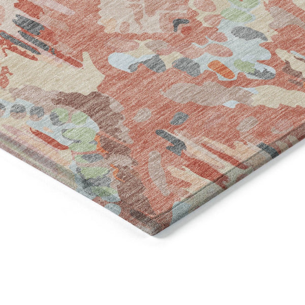 HomeRoots 5' Coral and Orange Geometric Area Rug - Stylish, Washable, Stain-Resistant Design for Indoor/Outdoor Use 8' Round 609132