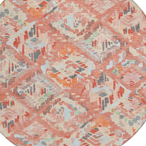 HomeRoots 5' Coral and Orange Geometric Area Rug - Stylish, Washable, Stain-Resistant Design for Indoor/Outdoor Use 8' Round 609132