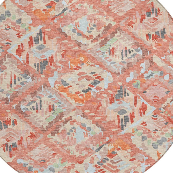 HomeRoots 5' Coral and Orange Geometric Area Rug - Stylish, Washable, Stain-Resistant Design for Indoor/Outdoor Use 8' Round 609132