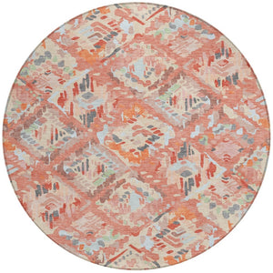 HomeRoots 5' Coral and Orange Geometric Area Rug - Stylish, Washable, Stain-Resistant Design for Indoor/Outdoor Use 8' Round 609132